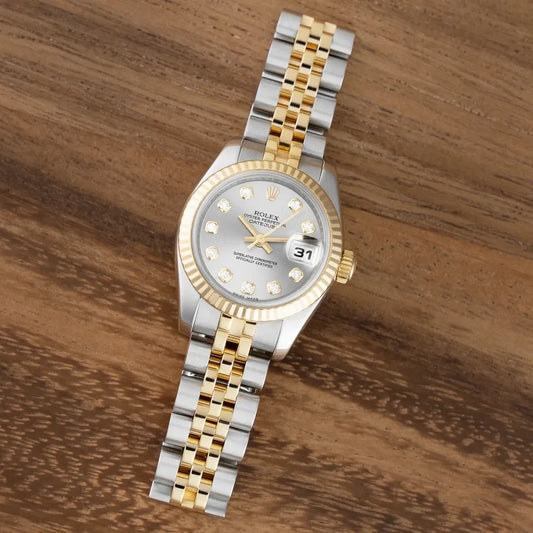 ROLEX OYSTER PERPETUAL DATEJUST 26mm GOLD / STEEL IN JUBILEE BRACELET SILVER DIAMOND DIAL AUTOMATIC 179173 (MINT)